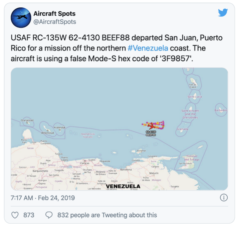 美军采用虚假识别码侦察委内瑞拉   图：飞行守望者社交媒体账号