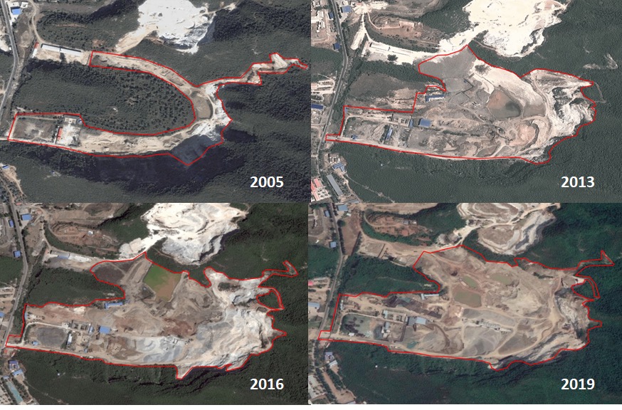 2005年至2019年玉盛祥公司周边山体及生态破坏变化情况。图源：生态环境部