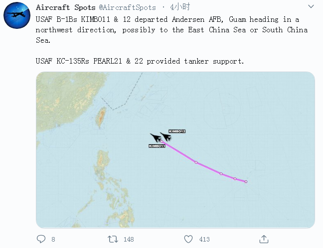 “飞机守望”发布的美军轰炸机飞行路线示意图