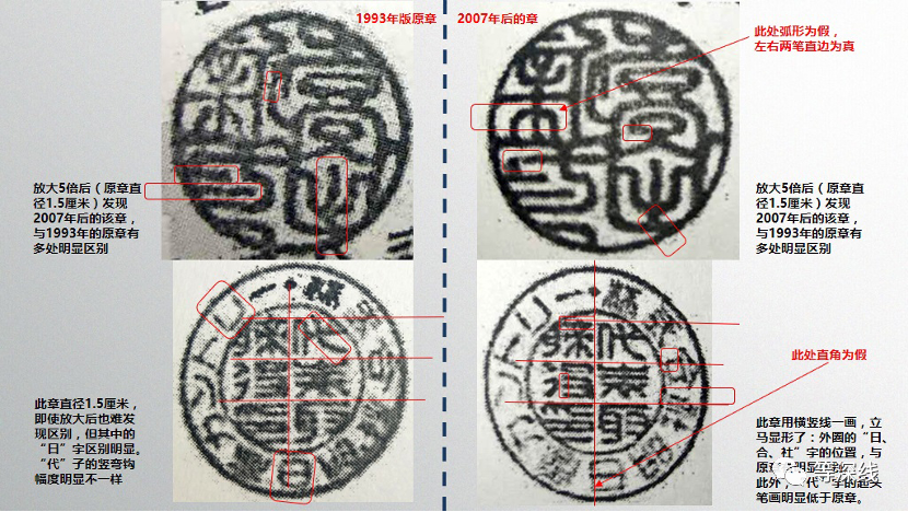 上图为日本明日香喜田新一的私章及董事长章，因原章体直径只有1厘米，肉眼在短时间内难以分辨，但手机拍下后放大5倍至10倍时，就可以轻易分辨出差别。该公司下面圆章里的“代表取缔役”，在中文里是“董事长”的意思。《等深线》记者  程维  制图