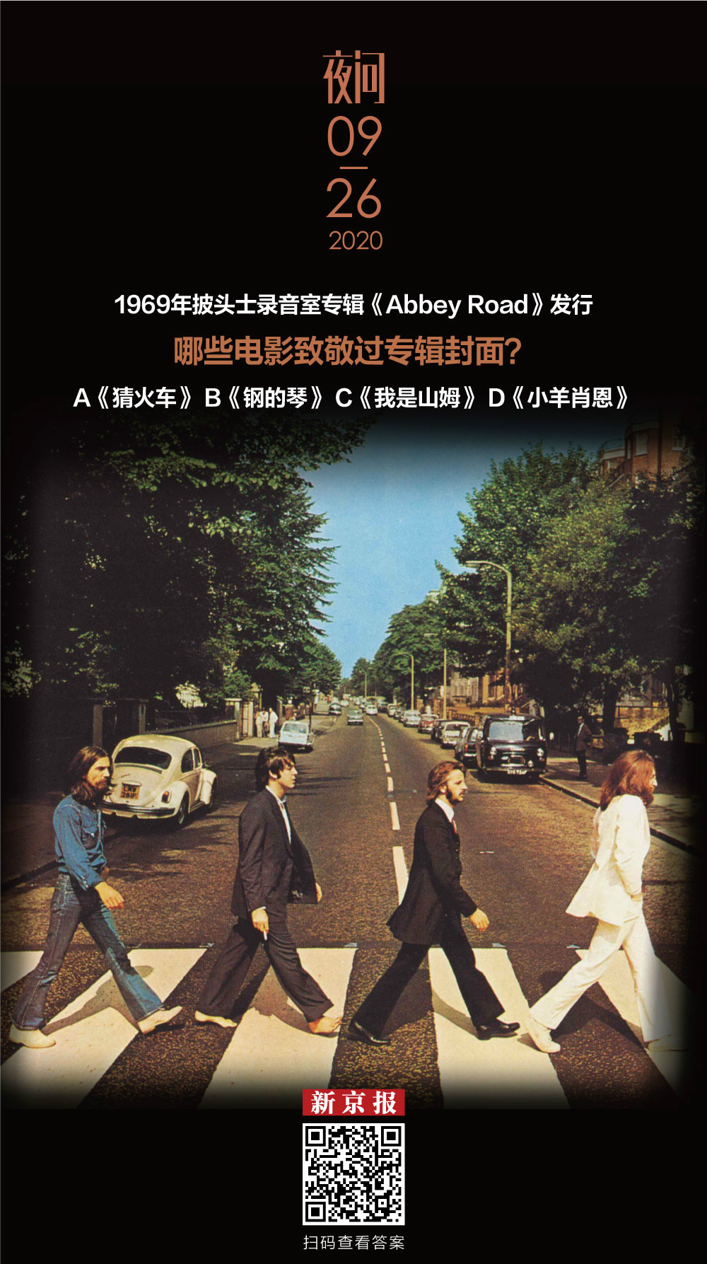 披头士乐队发行专辑《abbey road》,封面是乐队成员走过艾比路录音室