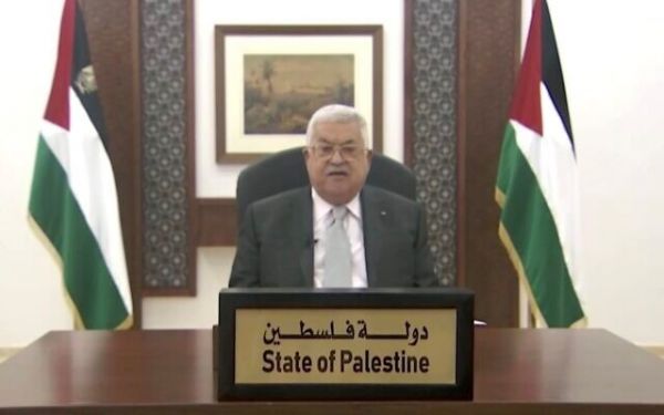 巴勒斯坦领导人阿巴斯25日在联大发表视频演讲截图。（以色列时报网站）