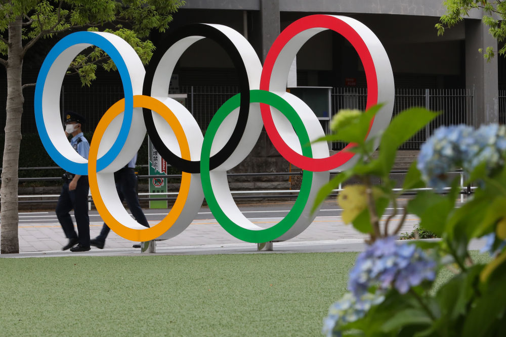 在日本东京的奥运五环标志.新华社记者杜潇逸摄