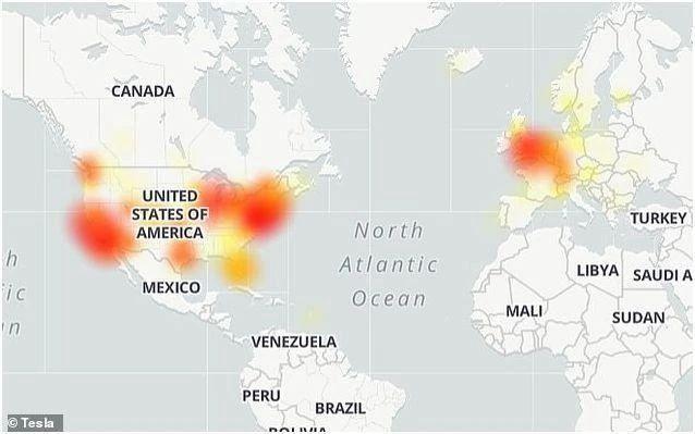 DownDetector上的关于特斯拉网络中断问题的车主热点图。
