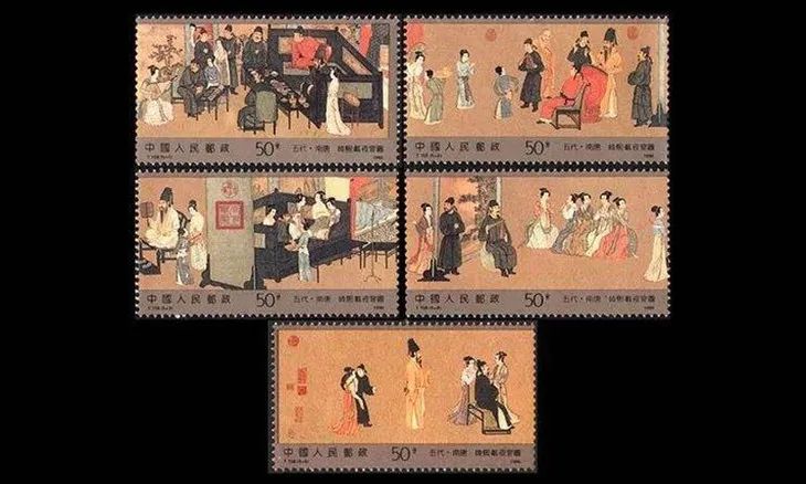 ▲王虎鸣1990年设计的《韩熙载夜宴图》邮票获全国最佳邮票设计奖。