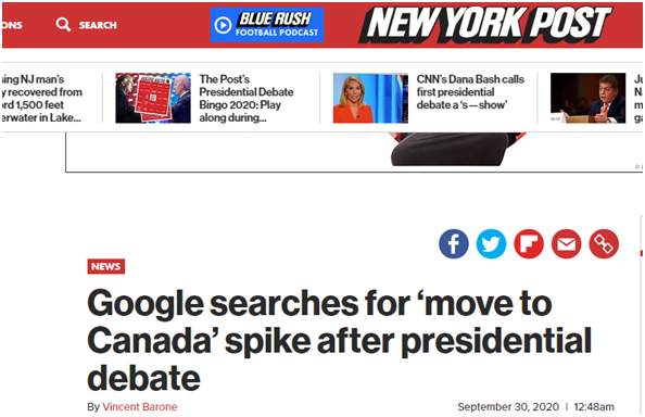 《纽约邮报》：总统辩论开始后，“搬去加拿大”在谷歌上搜索量飙升