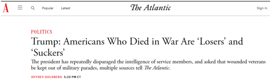 《大西洋月刊》：特朗普说，在战争中丧生的美国人都是“失败者”和“笨蛋”