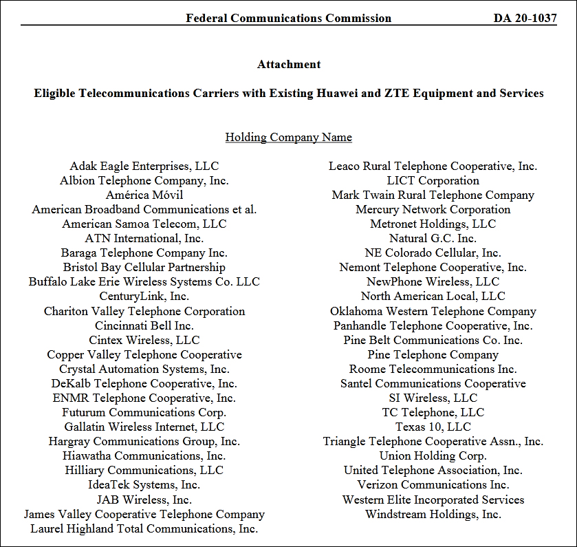 FCC 列出的存在华为和中兴设备和服务的运营商