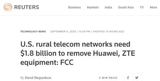  路透社：FCC说，美国农村电信网络运营商需要18亿美元来移除华为、中兴设备