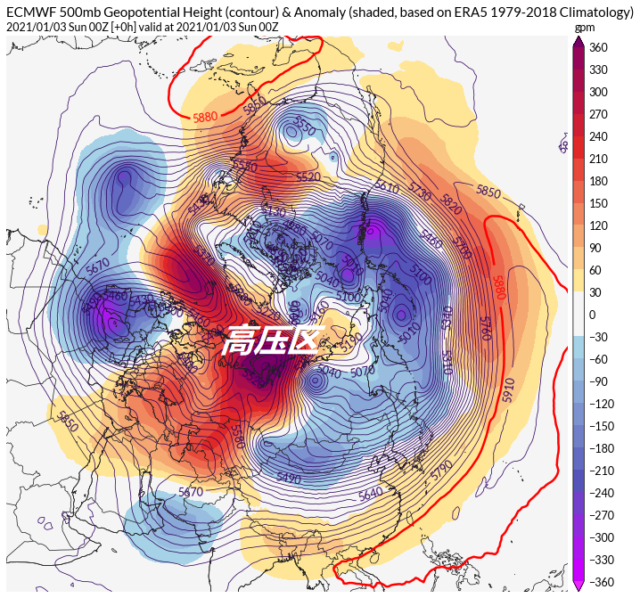 情况原本北极圈内应该是北极涡旋的地盘,但随着极地高压的猛烈发展