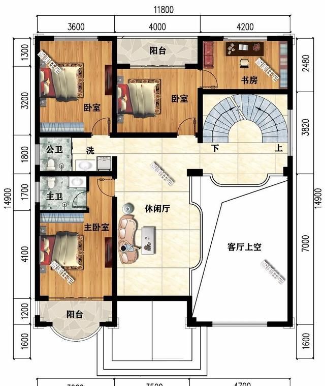 平面图:设有堂屋可摆神位,挑空客厅和旋转式楼梯,一间带独卫的主卧室