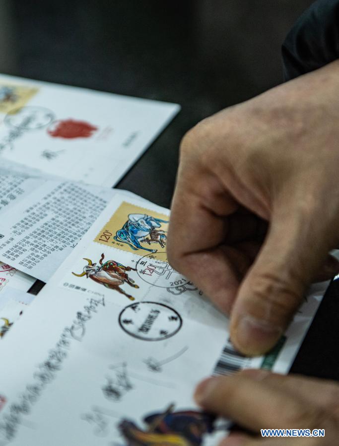 A resident attaches the newly issued special stamps themed on the Year of the Ox to a letter in Guiyang, southwest China's Guizhou Province, Jan. 5, 2021. China Post on Tuesday issued a set of two special stamps to mark the upcoming Year of the Ox. (Xinhua/Tao Liang)