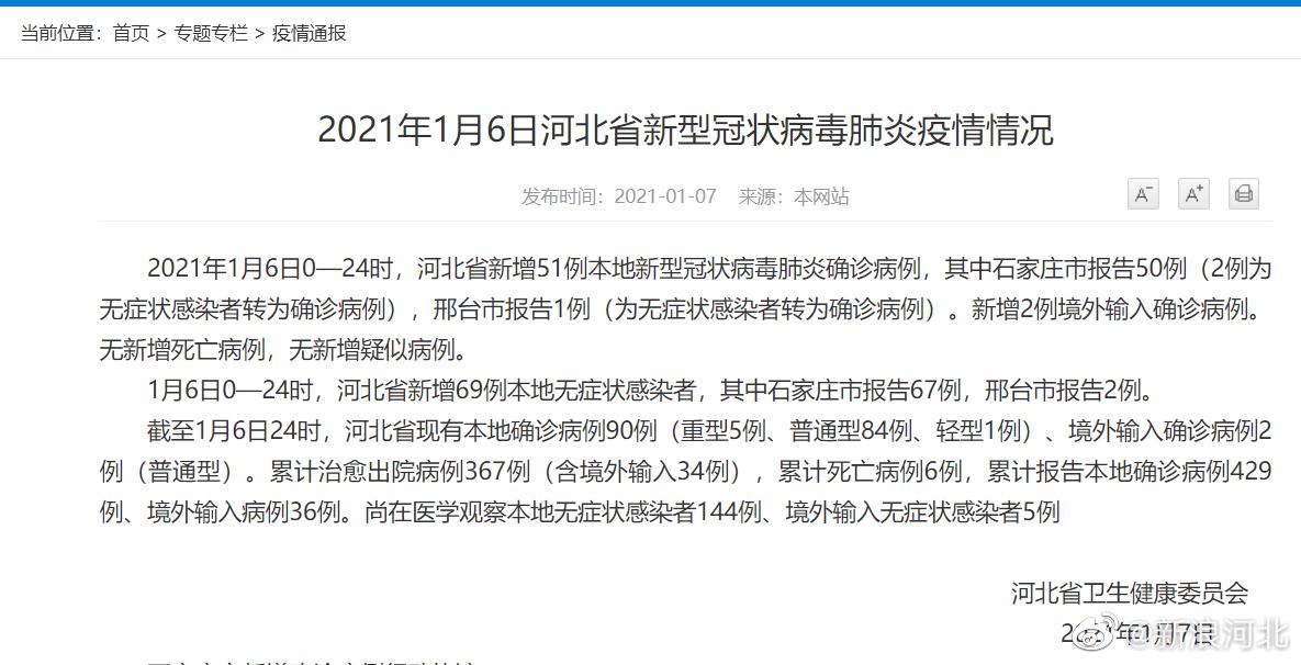 1月6日河北新增确诊病例51例河北新增无症状感染者69例