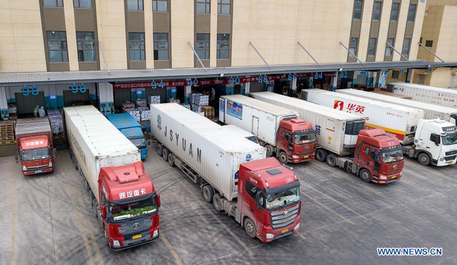 Aerial photo taken on Jan. 7, 2021 shows imported cold chain food discharged at a regional cold chain center in Wuhan, capital of central China's Hubei Province. (Xinhua/Xiong Qi)