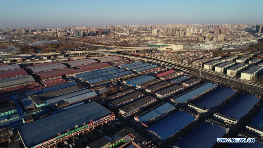 Aerial photo shows a view of Qiaoxi vegetable wholesale market in Shijiazhuang, north China's Hebei Province, Jan. 9, 2021. Vegetable merchants maintained normal business at the market to ensure the supply of vegetables during the epidemic. (Xinhua/Yang Shiyao)