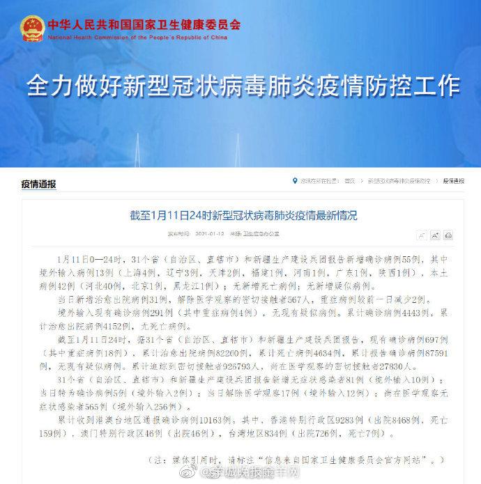 31省区市新增确诊55例 河北新增本土确诊40例