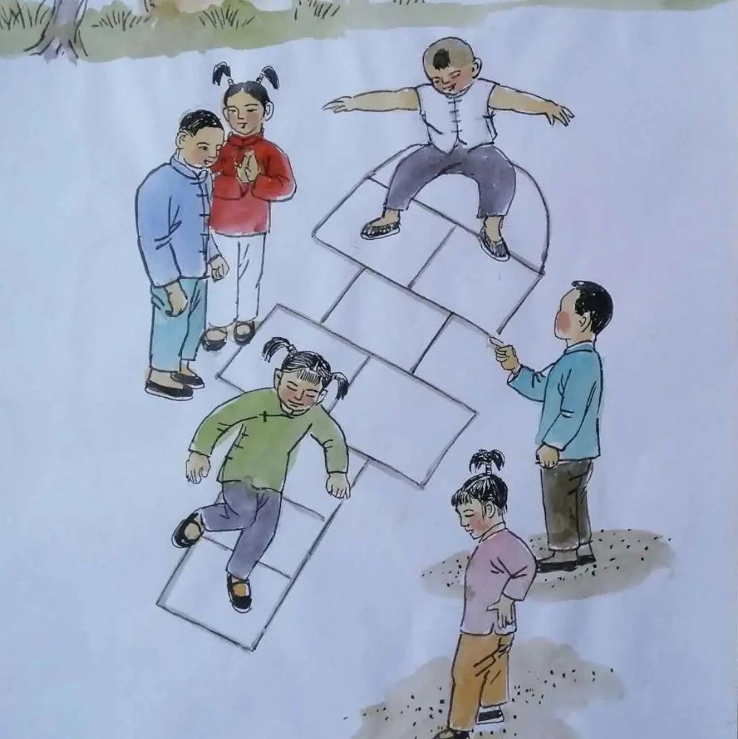 滚铁环,踢毽子,跳房子,打陀螺……都在他的画里