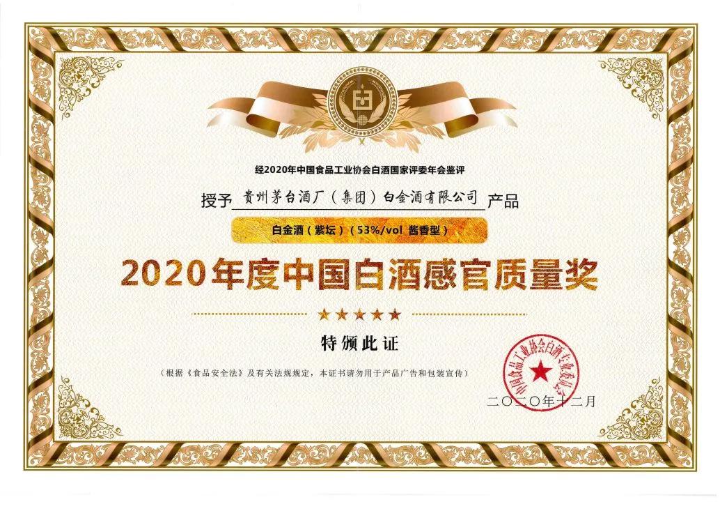 白金酒荣获2020年度中国白酒感官质量奖