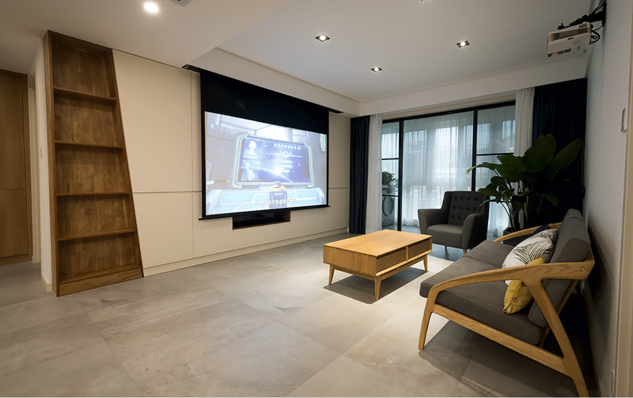 121平现代风三居室,去掉电视做储物柜,投影幕布太潮流