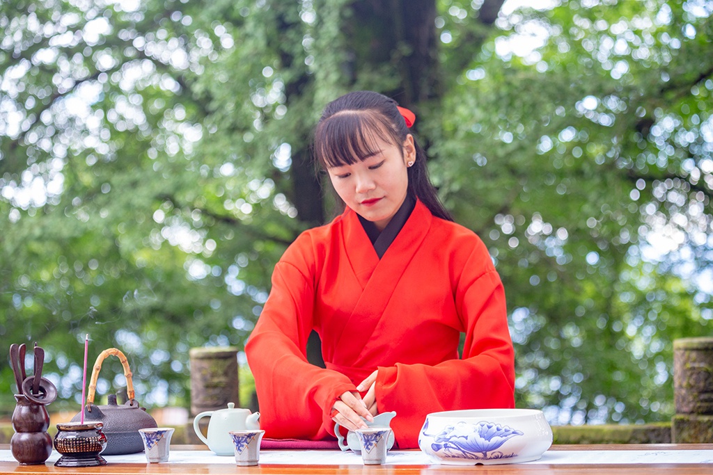 身着红色古装的美女认真地进行着每一道泡茶工序