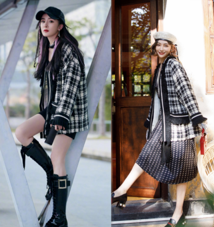 34岁杨幂the9门面撞衫,看清两人对比,9岁年龄差确定存在?