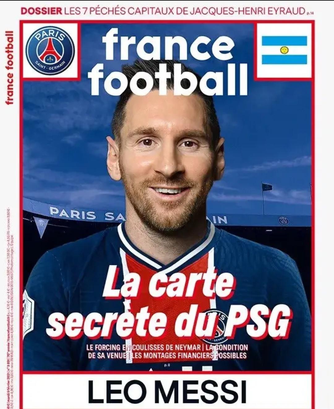 曝梅西或离队转会加盟巴黎圣日耳曼 法媒体用穿大巴黎球衣作封面