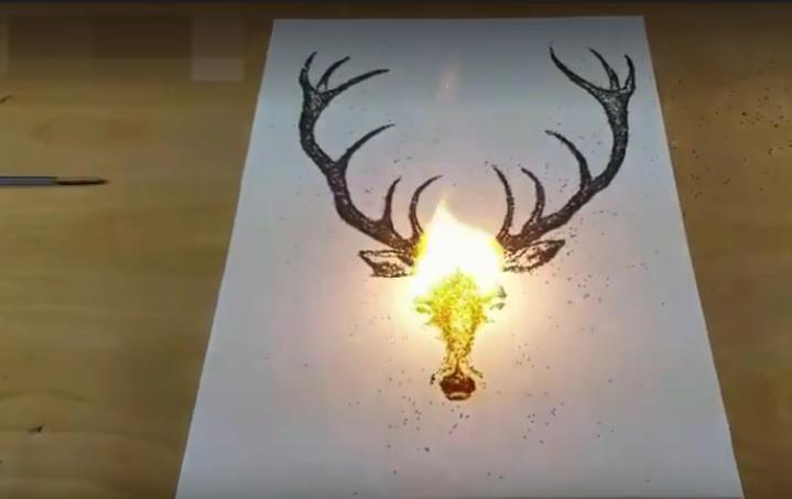 小伙用火药画了一幅鹿头的素描画,看上去也没什么与众不同的地方,随后