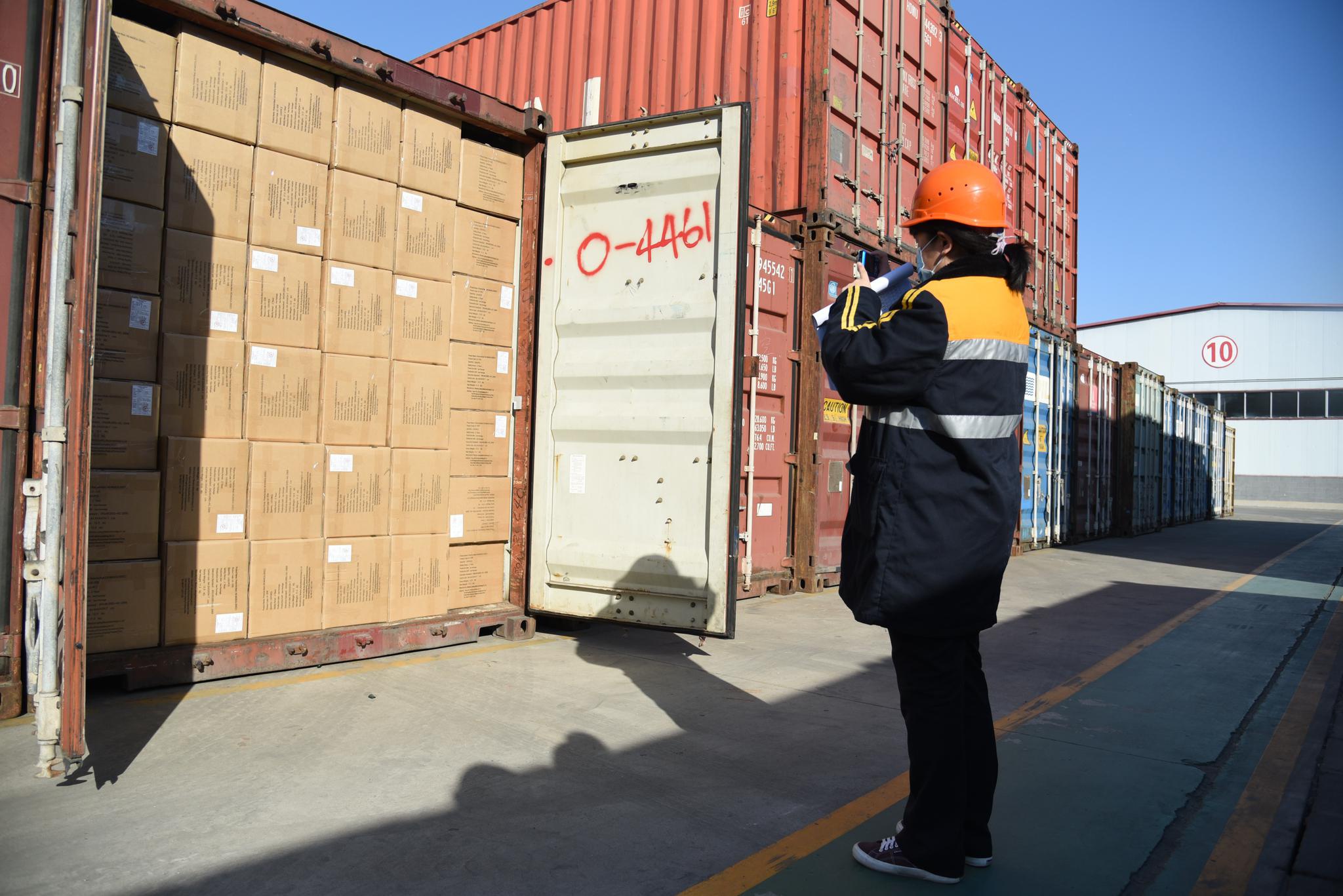 秦晋在查验集装箱中的货物 新华社记者王凯摄