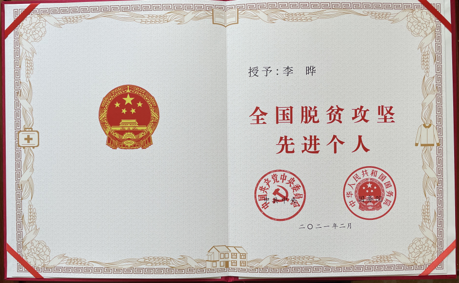 全国脱贫攻坚先进个人荣誉证书
