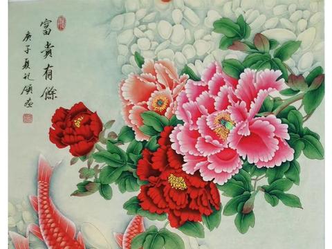 画家胡记领先生的工笔花鸟画九鱼图四尺横幅《富贵有余》挂在玄关处