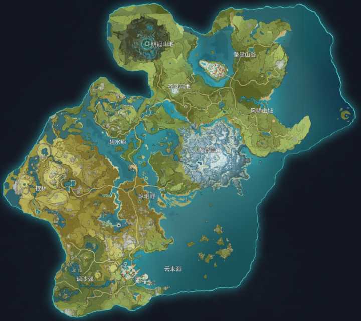 先po个目前已开的风国蒙德 岩国璃月大地图,7国还有5国疆土,一天空岛