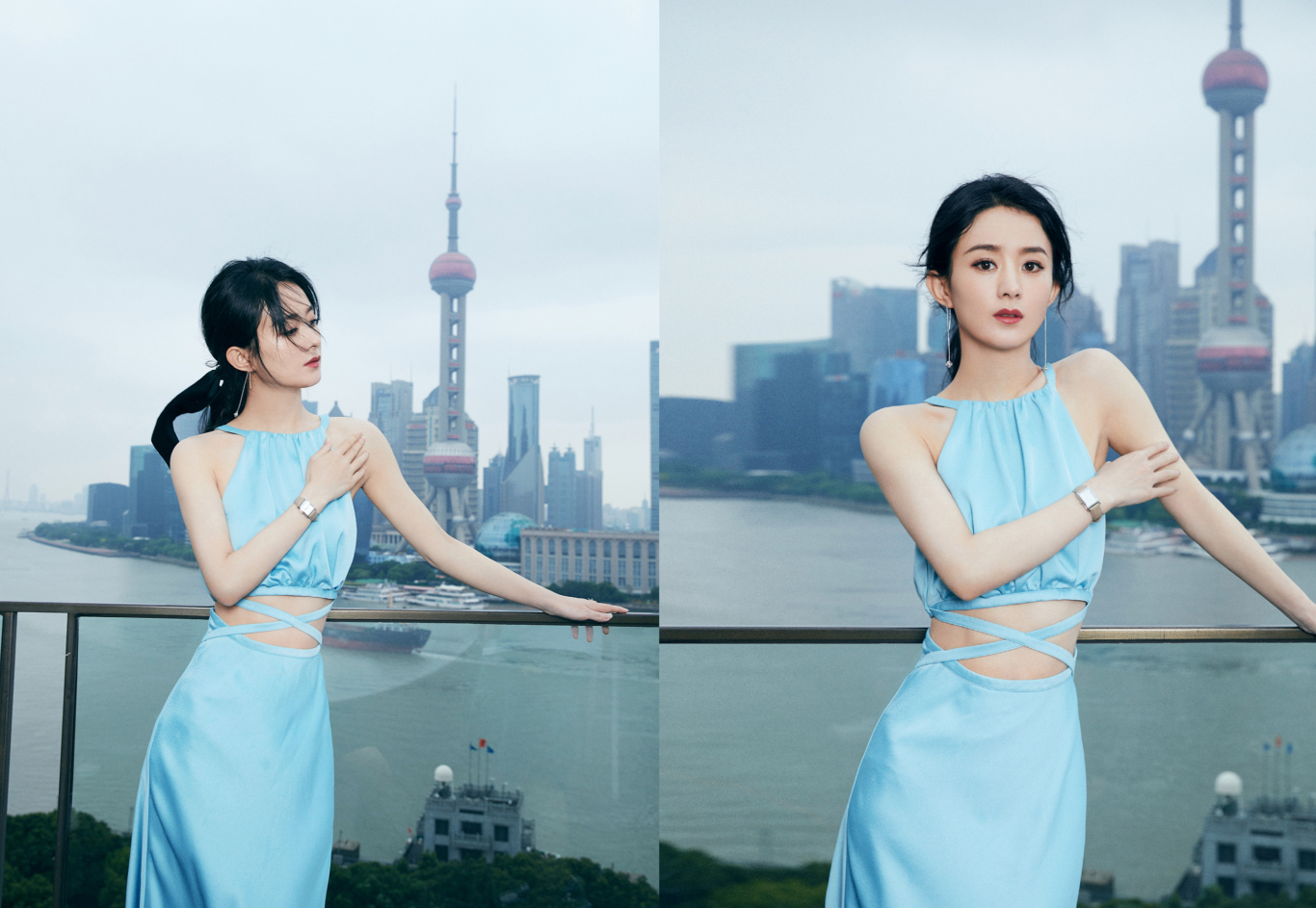 赵丽颖当妈后气质不减,穿蓝色蛋糕裙美人如画,不修图皮肤也挺白