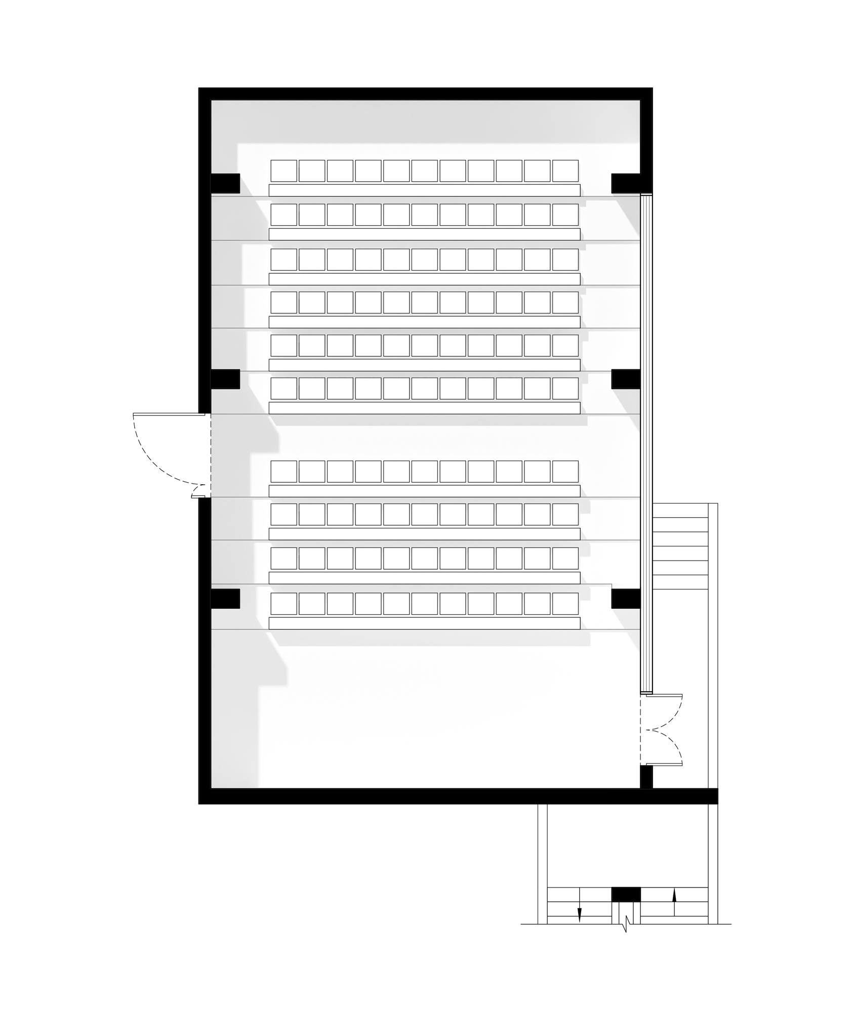 原始空间具有阶梯教室的标准平面,阶梯中部作为主入口,前部讲台一侧