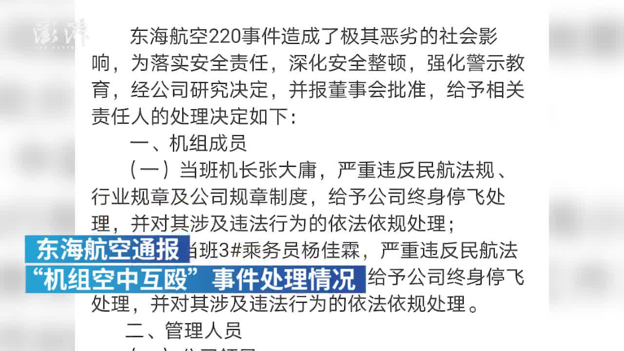 东海航空通报"机组空中互殴"处理:机长与乘务员终身停飞