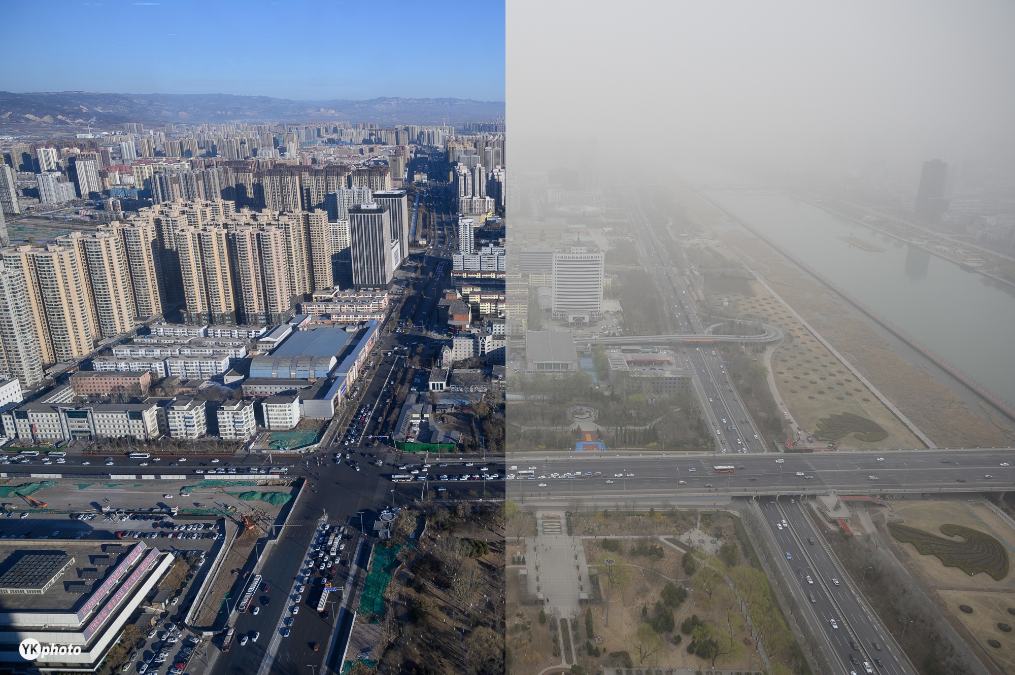 在太原城市之巅看沙尘袭城,同一地点与二级天时对比,变化明显!