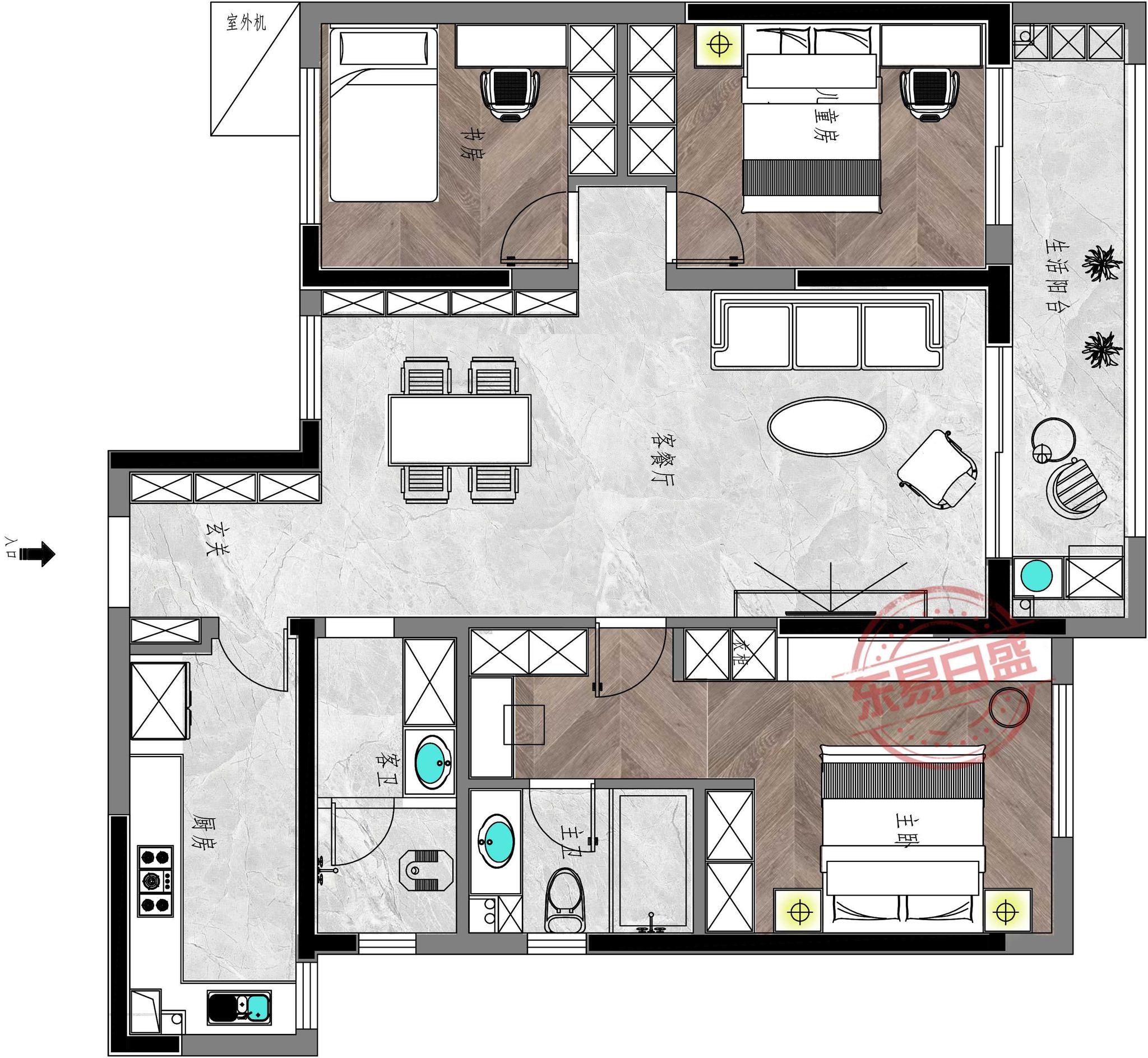 设计师:梁剑设计风格:现代轻奢风格房屋户型:三室两厅二卫一厨平层