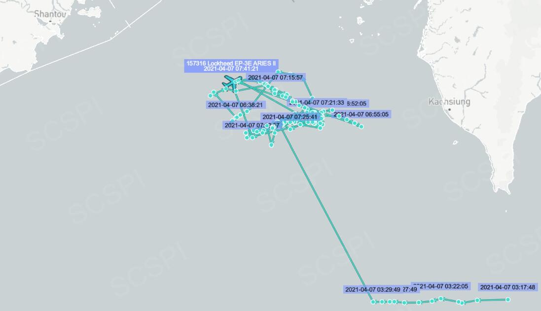 美军EP-3E侦察机飞行轨迹图，图源：社交网站
