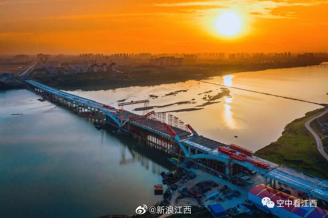 航拍抚州王安石抚河特大桥江岸疏影照清涧