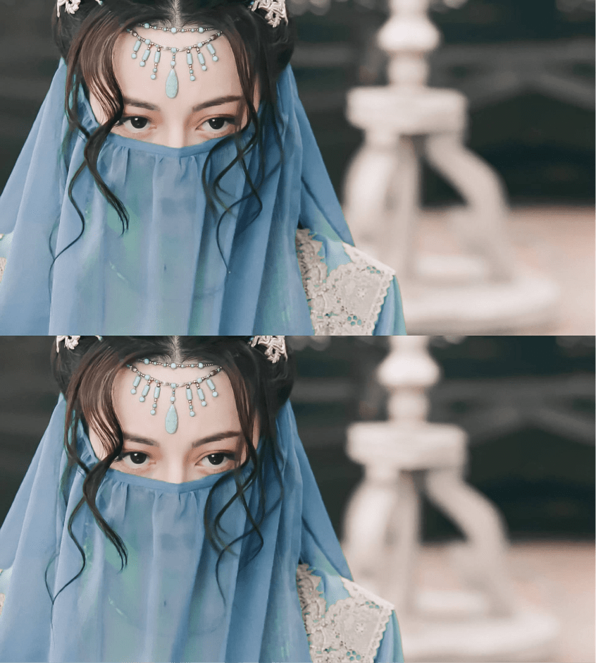 被涉尔识破女子身份的李长歌,身着蓝色裙装亮相于阿