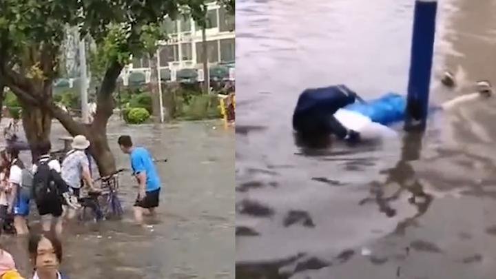 海南一小学生触电倒入积水中,路人用雨伞拽出