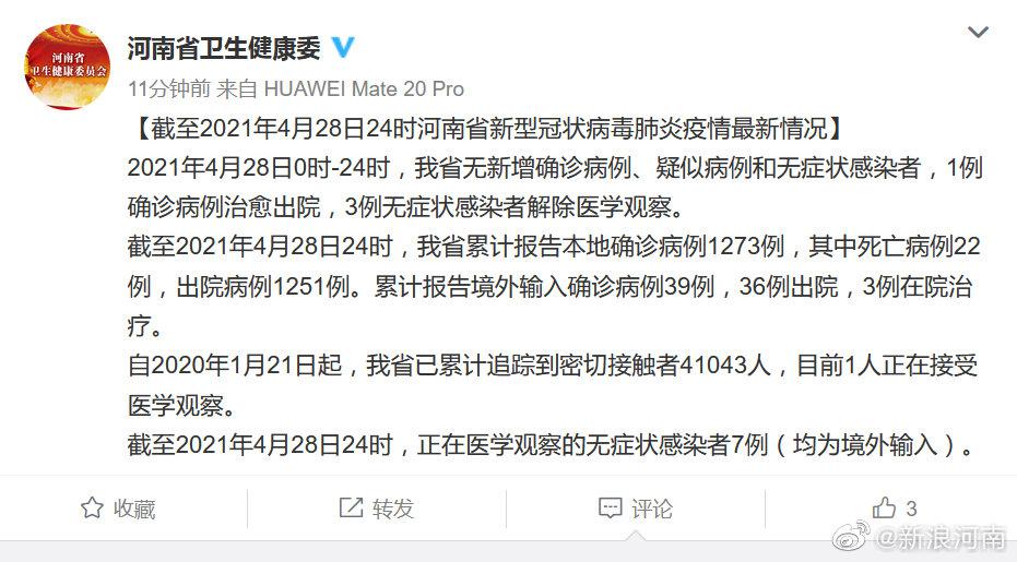 截至2021年4月28日24时河南省新型冠状病毒肺炎疫情最新情况
