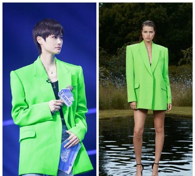 身穿david koma荧光绿西装配阔腿牛仔裤,双g配饰搭配点缀,简约明亮的