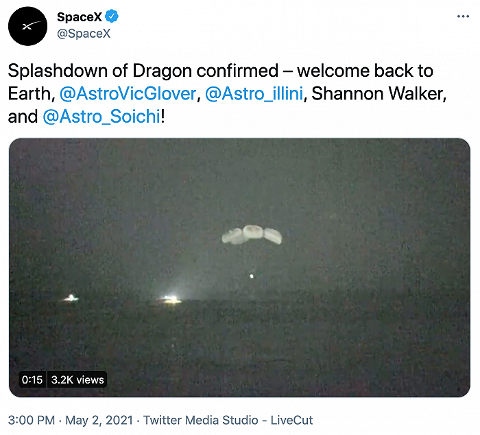 执行SpaceX首个商业载人航天任务的“龙”飞船成功降落