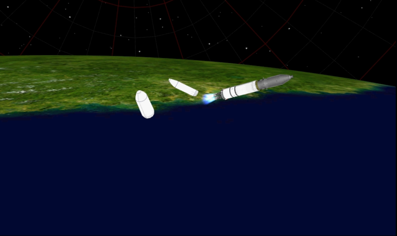 长征七号运载火箭飞行状态模拟图，从上至下分别是助推器分离、整流罩分离等瞬间。航天科技集团中国运载火箭技术研究院供图。