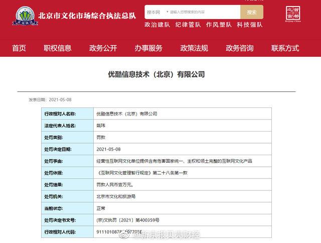 优酷被北京文旅局罚款1万元：提供含危害国家统一互联网文化产品休闲区蓝鸢梦想 - Www.slyday.coM