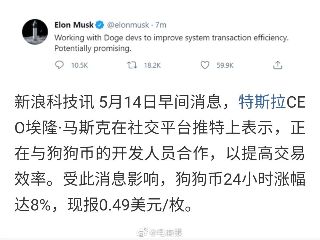 特斯拉ceo马斯克表示,正在与狗狗币的开发人员合作