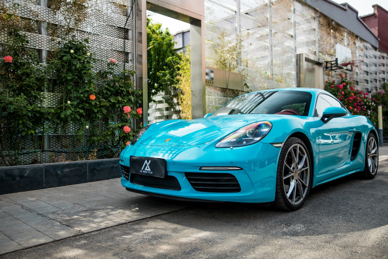 膜呗改色案例保时捷718cayman改色迈阿密蓝看着就是带劲