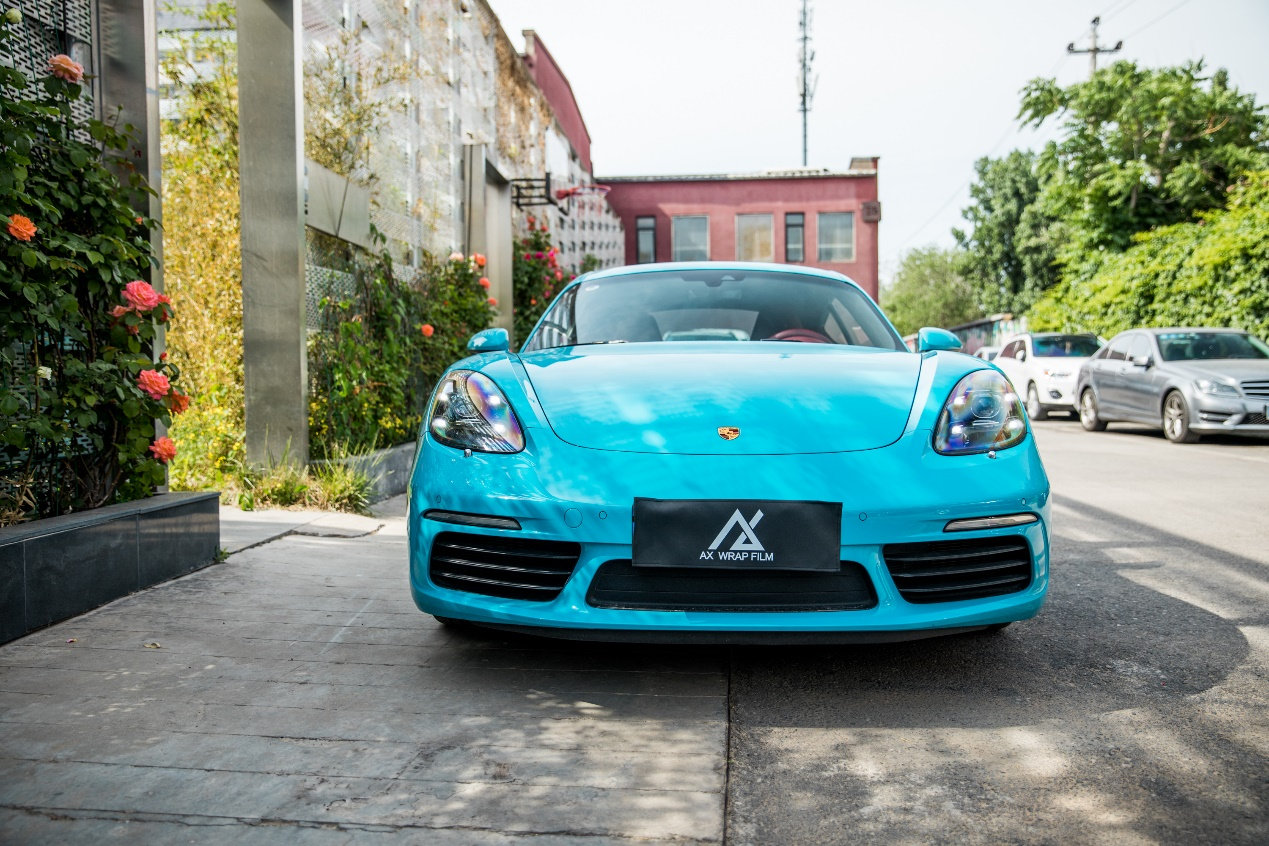 膜呗改色案例保时捷718cayman改色迈阿密蓝看着就是带劲