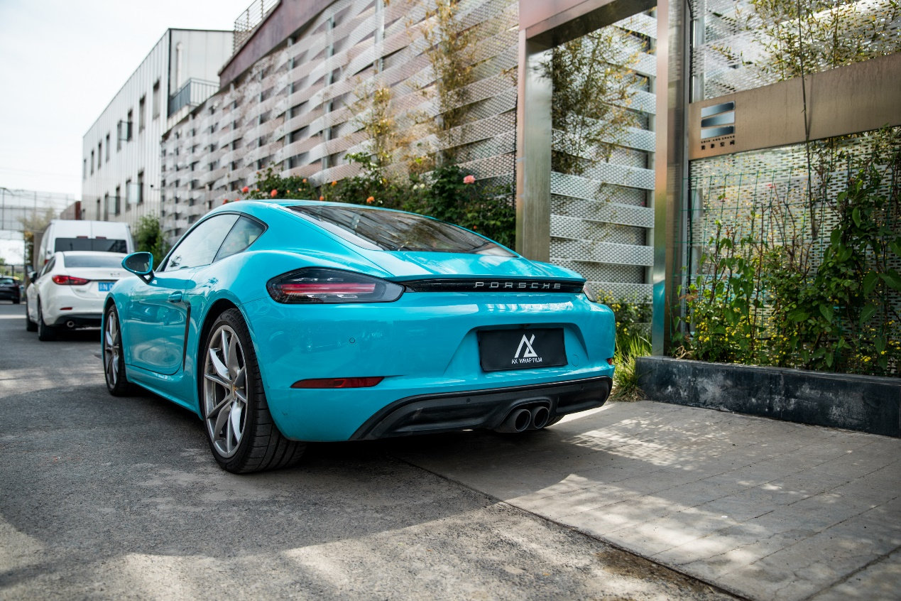 膜呗改色案例保时捷718cayman改色迈阿密蓝看着就是带劲