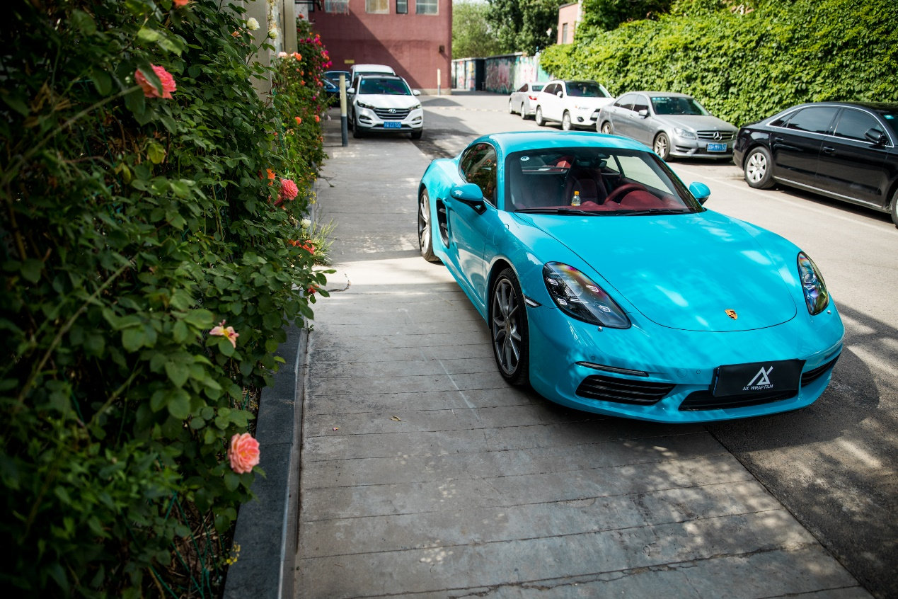 膜呗改色案例保时捷718cayman改色迈阿密蓝看着就是带劲